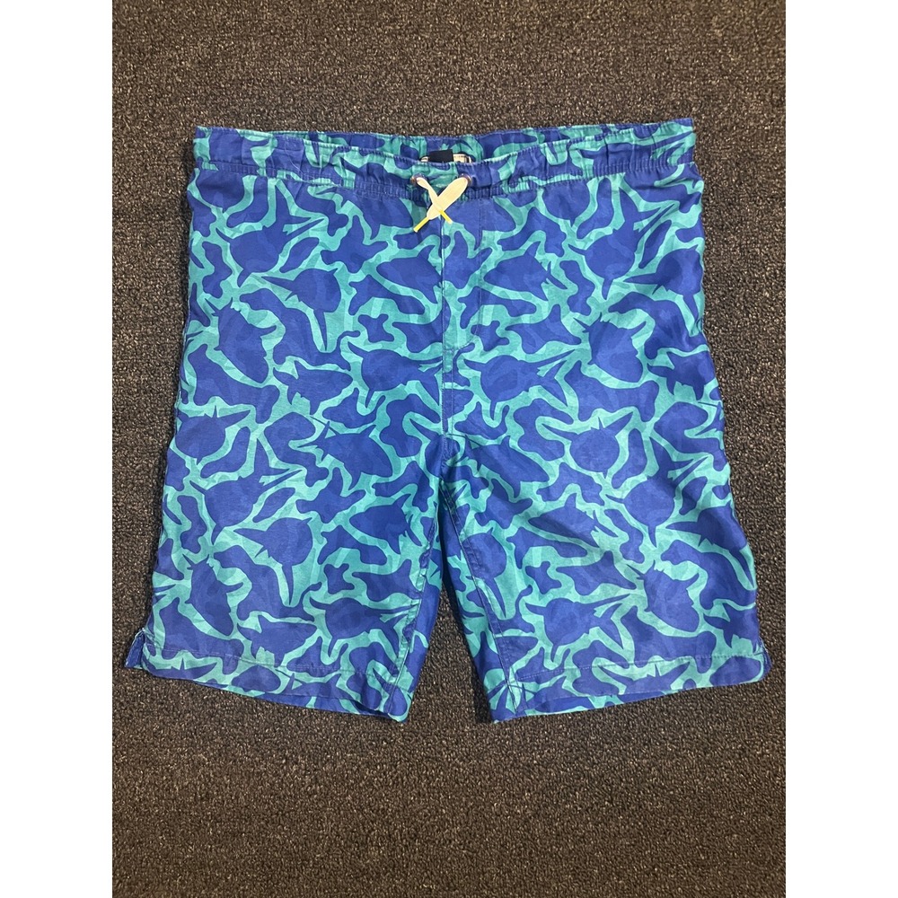 Lands End Boys Blue Shark Camo Swim Trunks Size L 14-16 Mesh‎ Lined Board Shorts